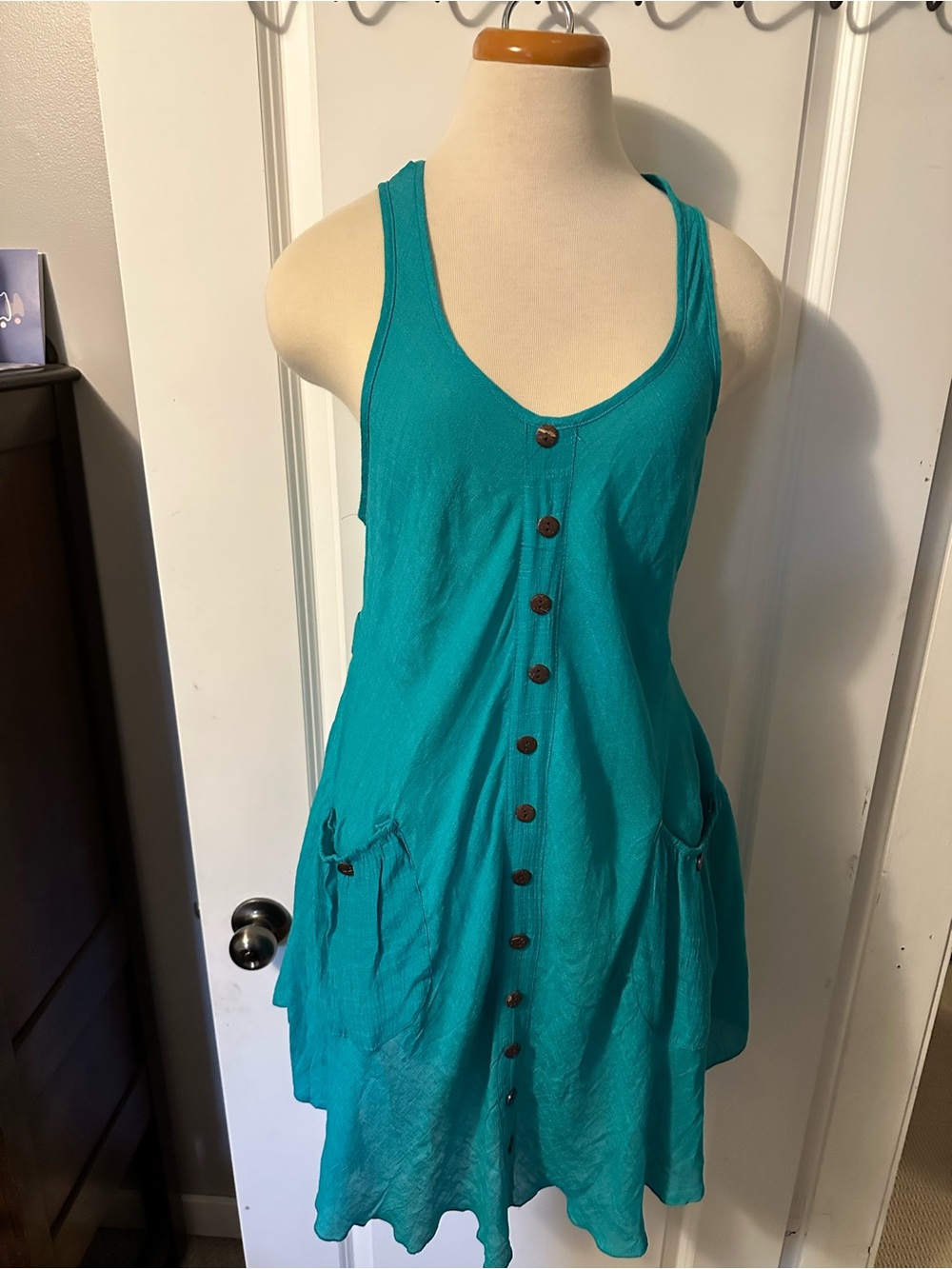 Button-Front Teal Mini Dress with Pockets - Picture 2 of 2